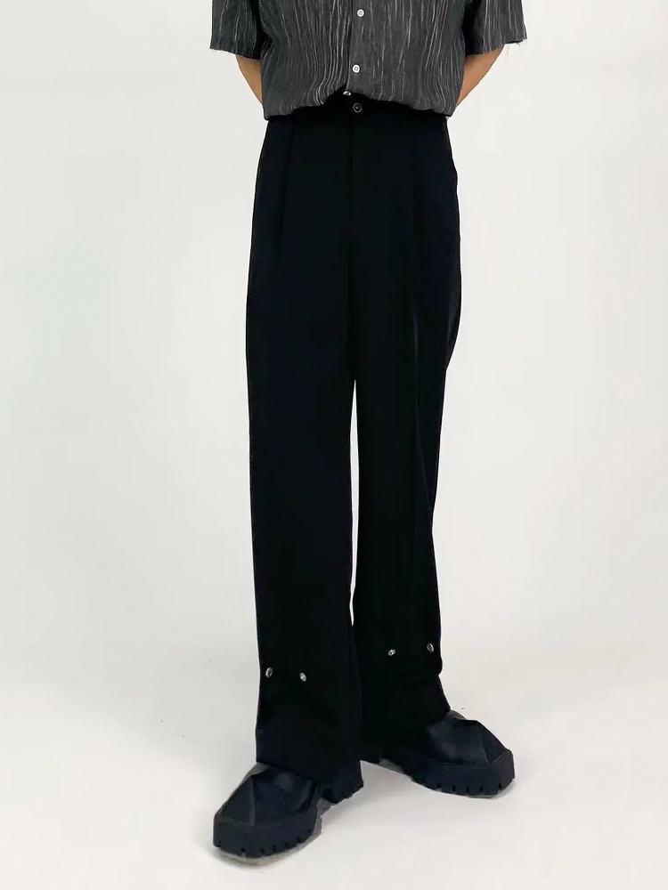 Men's Pure Black Loose Straight-Leg Pants with Metal Button Design - Casual Minimalist High-End Slimming Style