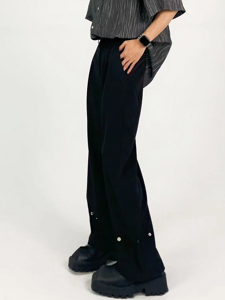 Men's Pure Black Loose Straight-Leg Pants with Metal Button Design - Casual Minimalist High-End Slimming Style Men's Pure Black Loose Straight-Leg Pants with Metal Button Design - Casual Minimalist High-End Slimming Style