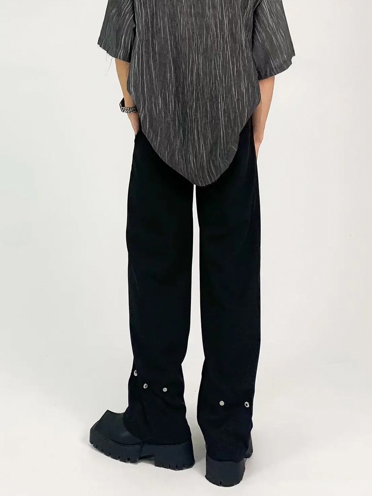 Men's Pure Black Loose Straight-Leg Pants with Metal Button Design - Casual Minimalist High-End Slimming Style Men's Pure Black Loose Straight-Leg Pants with Metal Button Design - Casual Minimalist High-End Slimming Style