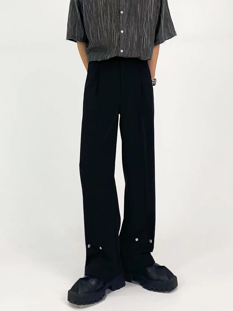 Men's Pure Black Loose Straight-Leg Pants with Metal Button Design - Casual Minimalist High-End Slimming Style Men's Pure Black Loose Straight-Leg Pants with Metal Button Design - Casual Minimalist High-End Slimming Style