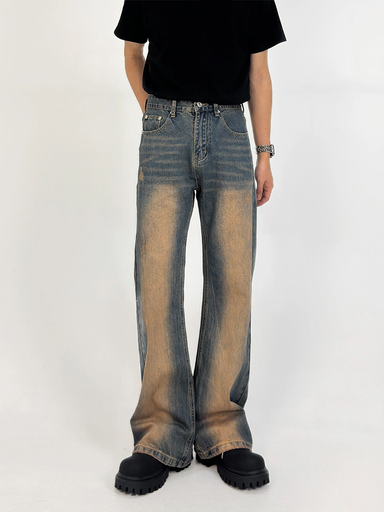 Men's Retro Gradient Design Micro-Flare Mid-Rise Loose Washed Denim Pants - Versatile American Style Men's Retro Gradient Design Micro-Flare Mid-Rise Loose Washed Denim Pants - Versatile American Style