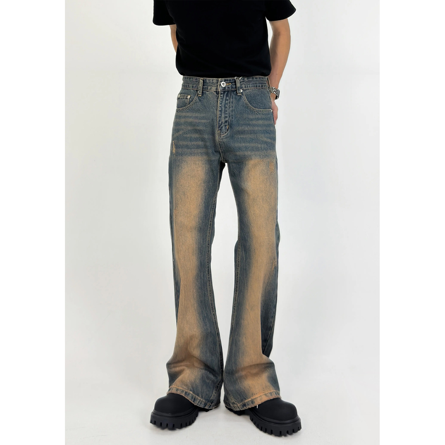 Men's Retro Gradient Design Micro-Flare Mid-Rise Loose Washed Denim Pants - Versatile American Style