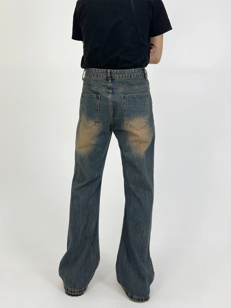 Men's Retro Gradient Design Micro-Flare Mid-Rise Loose Washed Denim Pants - Versatile American Style Men's Retro Gradient Design Micro-Flare Mid-Rise Loose Washed Denim Pants - Versatile American Style