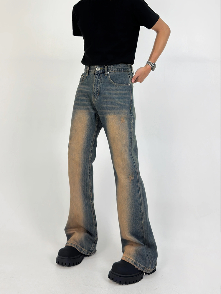 Men's Retro Gradient Design Micro-Flare Mid-Rise Loose Washed Denim Pants - Versatile American Style Men's Retro Gradient Design Micro-Flare Mid-Rise Loose Washed Denim Pants - Versatile American Style