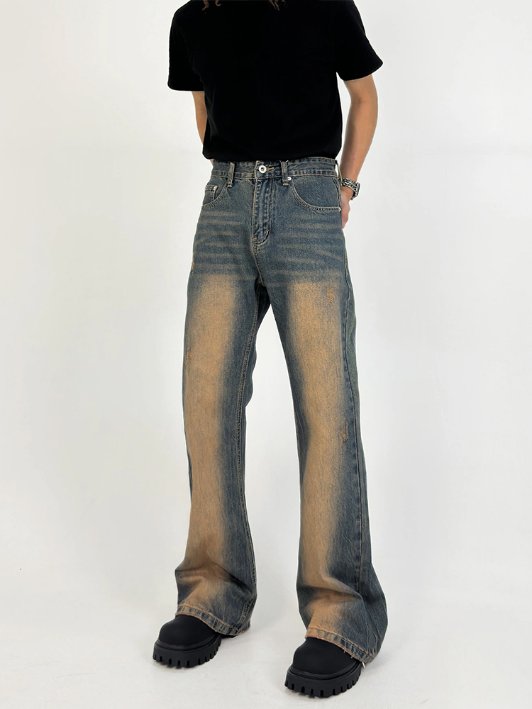 Men's Retro Gradient Design Micro-Flare Mid-Rise Loose Washed Denim Pants - Versatile American Style Men's Retro Gradient Design Micro-Flare Mid-Rise Loose Washed Denim Pants - Versatile American Style