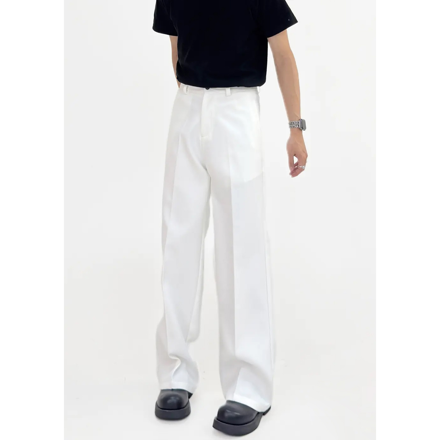 Men's Summer 3D White Straight Loose Casual Pants with Draping Effect - Heavyweight Long Trousers for a Relaxed Y2K Style