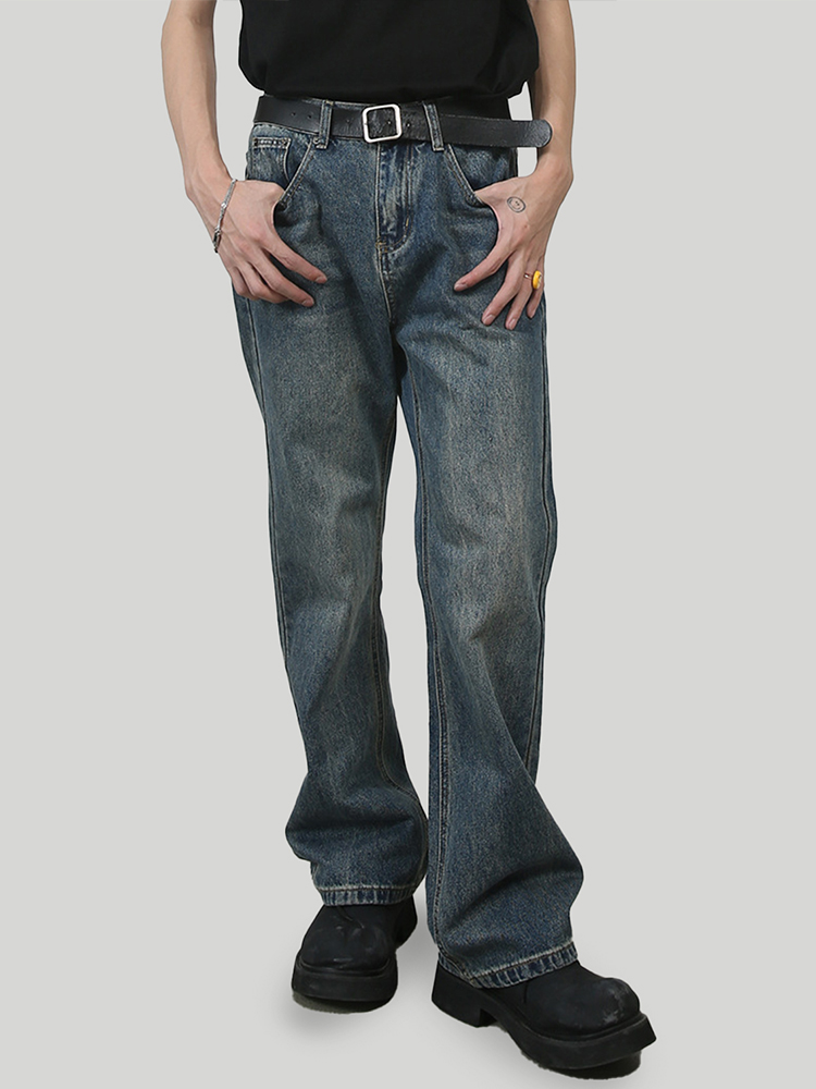 Men's Vintage Clean Fit Rust Blue Washed Micro Flare Jeans with Loose Elastic Waist for Slimming Y2K Style Men's Vintage Clean Fit Rust Blue Washed Micro Flare Jeans with Loose Elastic Waist for Slimming Y2K Style