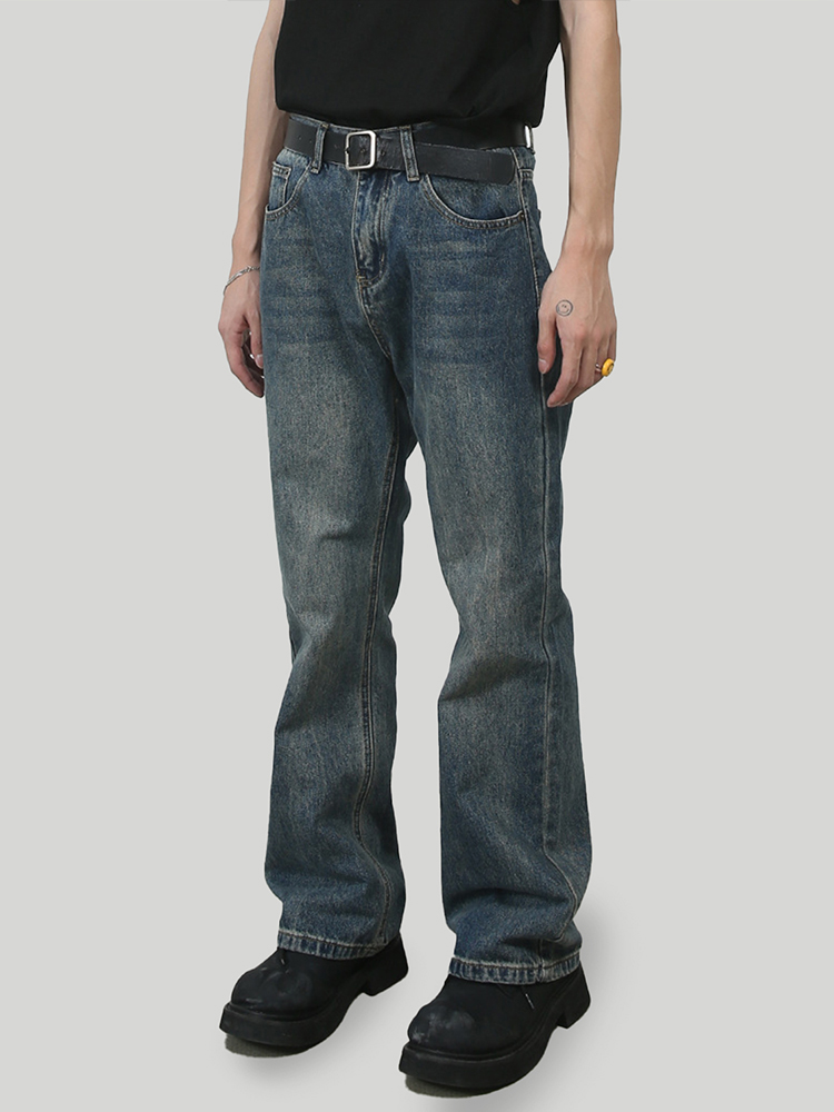 Men's Vintage Clean Fit Rust Blue Washed Micro Flare Jeans with Loose Elastic Waist for Slimming Y2K Style