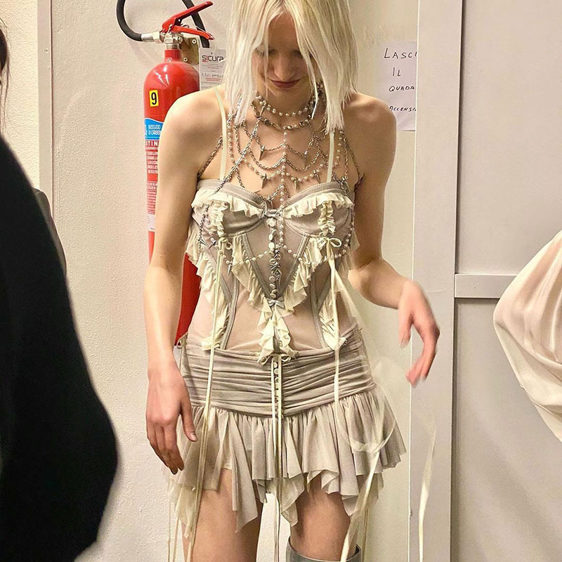 Mesh Spliced Pleated Tie Tassel Low Waist Mini Skirt - Y2K Style, Trendy Party Wear, Summer Fashion