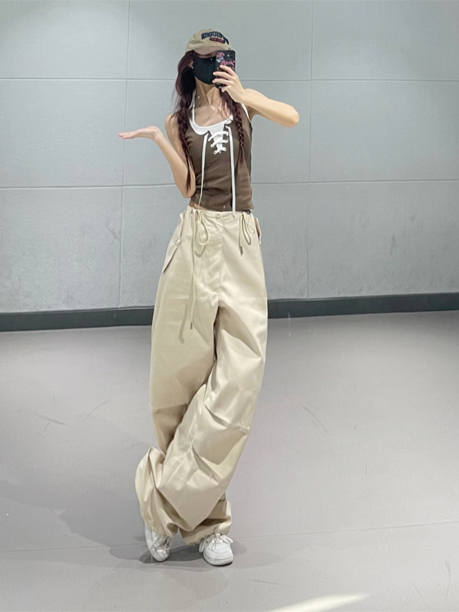 Mild Summer Women's Dance Pants Set - Coffee Camisole & Apricot Quick-Dry Cargo Pants, Perfect for Y2K and Casual Style Mild Summer Women's Dance Pants Set - Coffee Camisole & Apricot Quick-Dry Cargo Pants, Perfect for Y2K and Casual Style