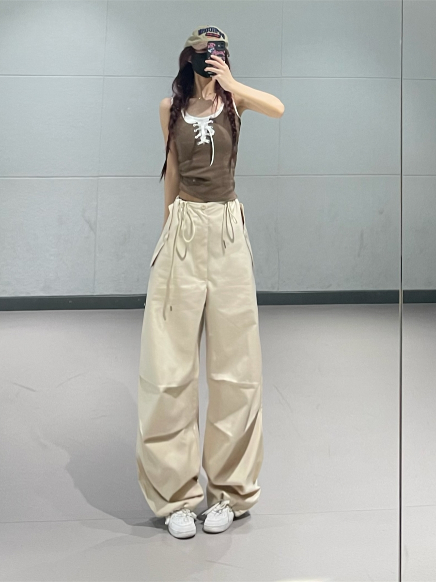 Mild Summer Women's Dance Pants Set - Coffee Camisole & Apricot Quick-Dry Cargo Pants, Perfect for Y2K and Casual Style Mild Summer Women's Dance Pants Set - Coffee Camisole & Apricot Quick-Dry Cargo Pants, Perfect for Y2K and Casual Style
