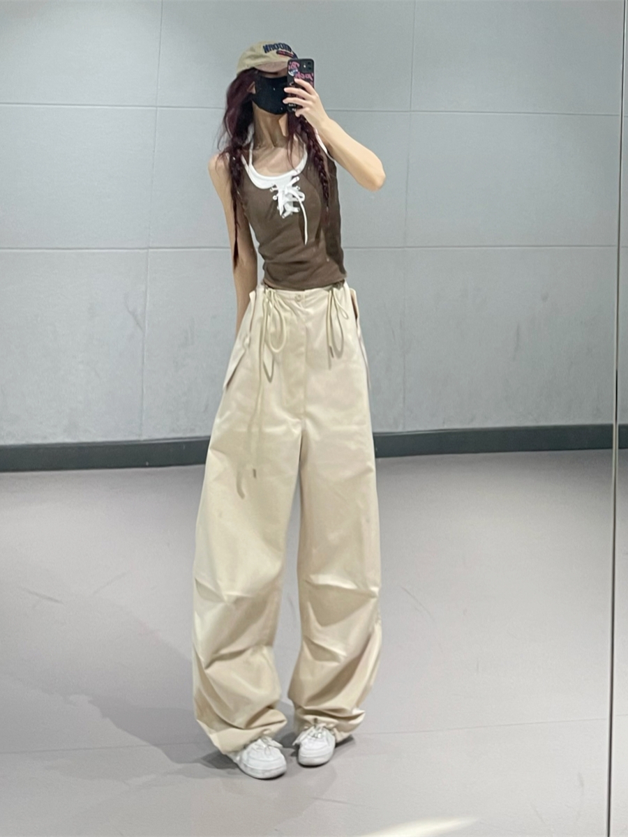 Mild Summer Women's Dance Pants Set - Coffee Camisole & Apricot Quick-Dry Cargo Pants, Perfect for Y2K and Casual Style Mild Summer Women's Dance Pants Set - Coffee Camisole & Apricot Quick-Dry Cargo Pants, Perfect for Y2K and Casual Style