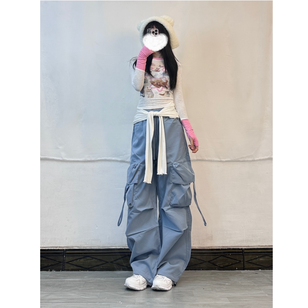 Milk Blue K-Pop Jazz Dance Top with Drawstring Cargo Pants - Casual Thin Long Trousers for Girls, 90s Inspired Fashion
