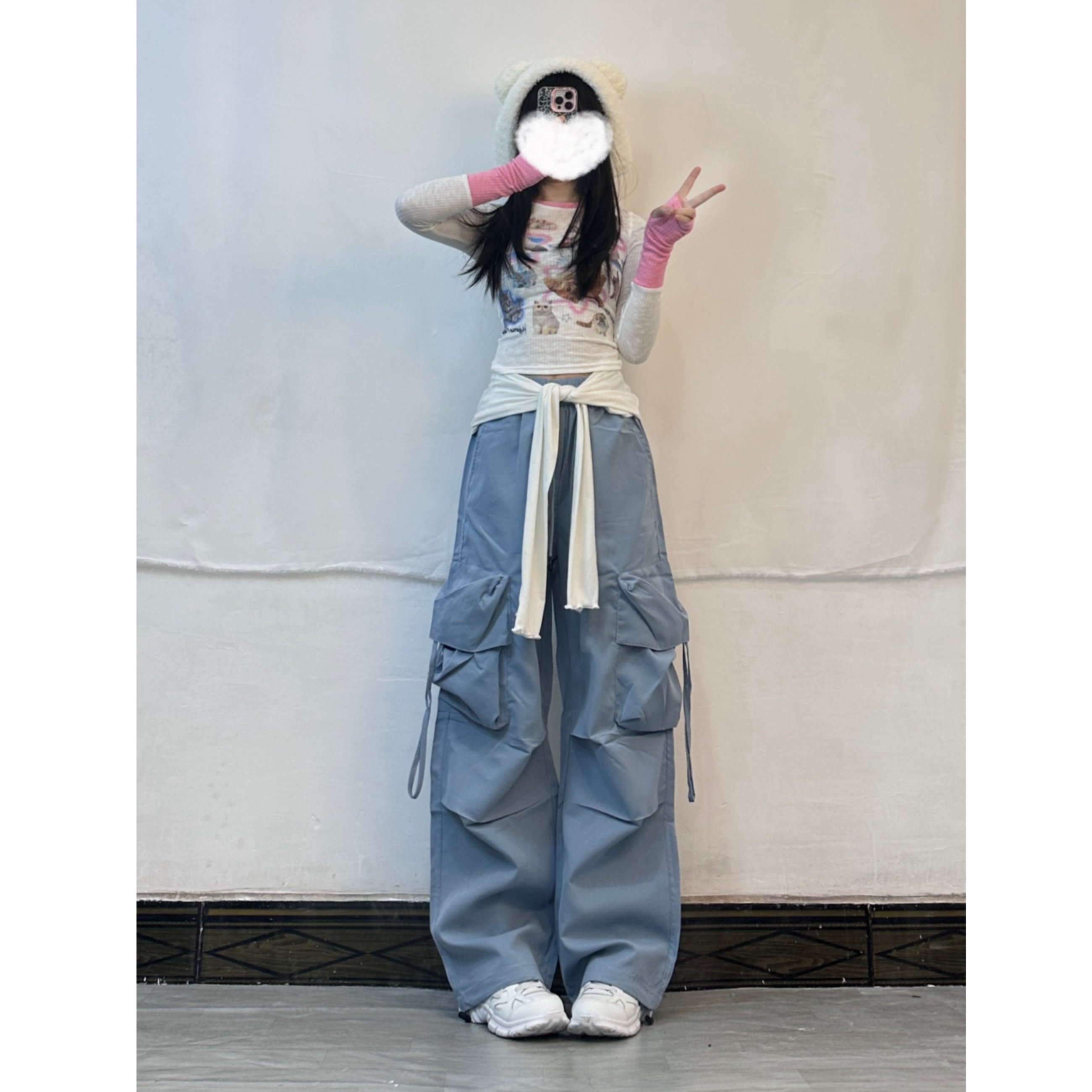 Milk Blue K-Pop Jazz Dance Top with Drawstring Cargo Pants - Casual Thin Long Trousers for Girls, 90s Inspired Fashion