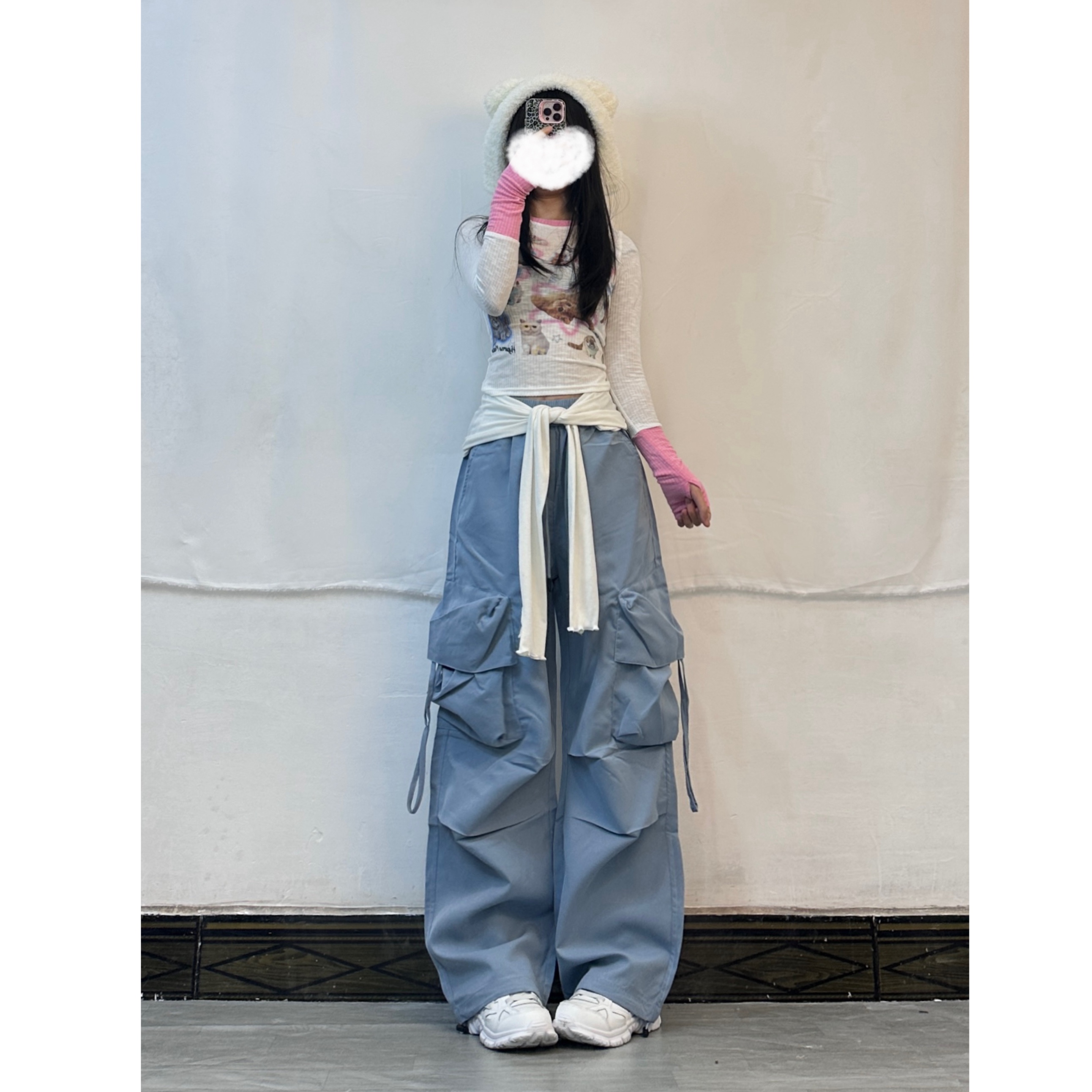 Milk Blue K-Pop Jazz Dance Top with Drawstring Cargo Pants - Casual Thin Long Trousers for Girls, 90s Inspired Fashion Milk Blue K-Pop Jazz Dance Top with Drawstring Cargo Pants - Casual Thin Long Trousers for Girls, 90s Inspired Fashion