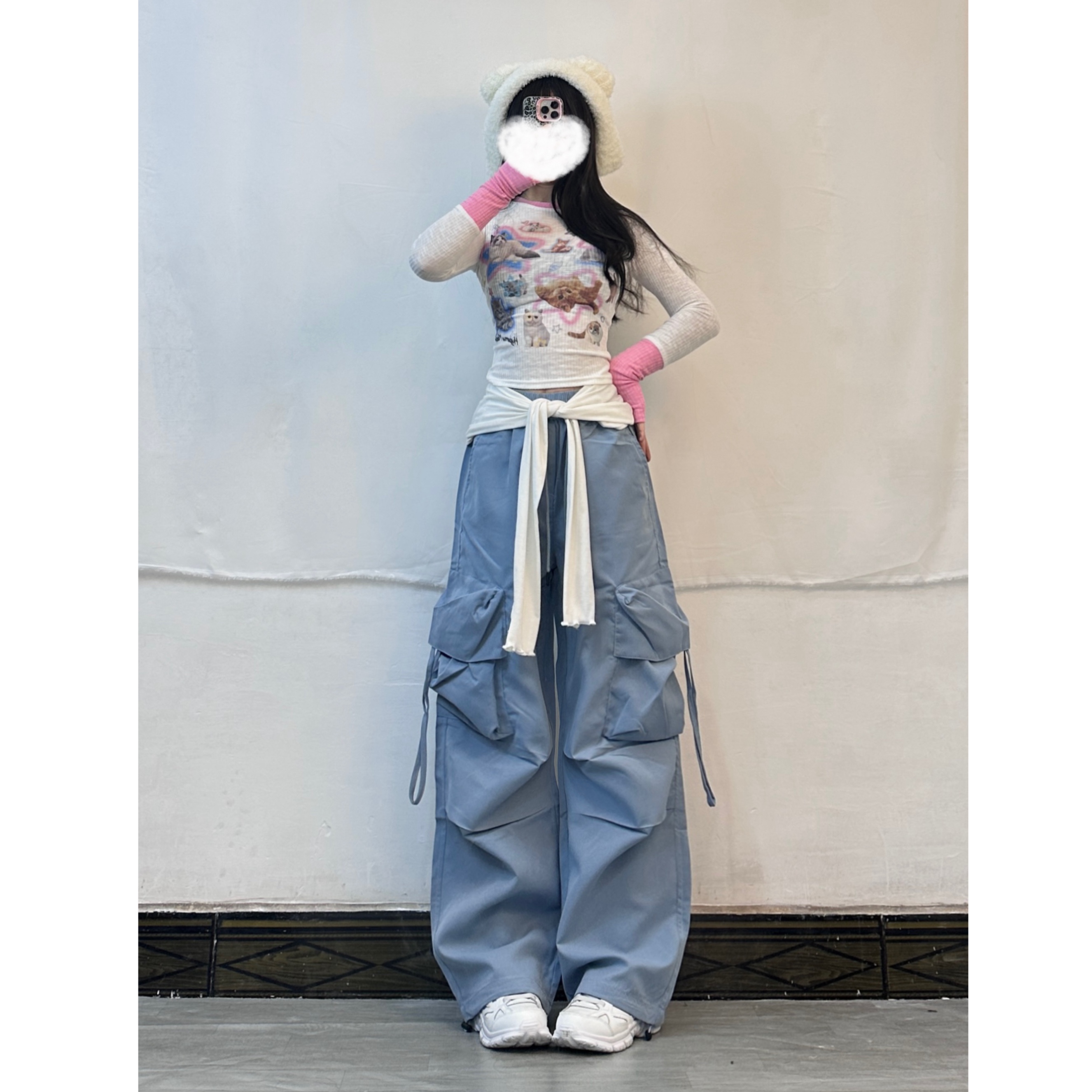 Milk Blue K-Pop Jazz Dance Top with Drawstring Cargo Pants - Casual Thin Long Trousers for Girls, 90s Inspired Fashion Milk Blue K-Pop Jazz Dance Top with Drawstring Cargo Pants - Casual Thin Long Trousers for Girls, 90s Inspired Fashion