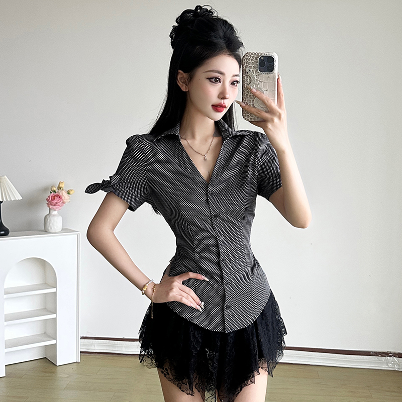 Millennial V-Neck Polka Dot Button-Up Shirt with Cinched Waist and Puff Sleeves - Minimalist Basic Top for Effortless Style Millennial V-Neck Polka Dot Button-Up Shirt with Cinched Waist and Puff Sleeves - Minimalist Basic Top for Effortless Style