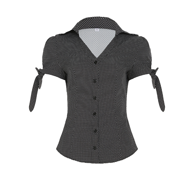 Millennial V-Neck Polka Dot Button-Up Shirt with Cinched Waist and Puff Sleeves - Minimalist Basic Top for Effortless Style
