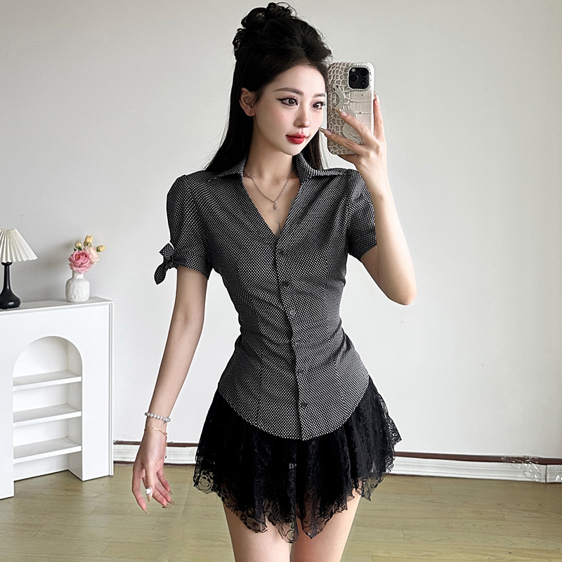 Millennial V-Neck Polka Dot Button-Up Shirt with Cinched Waist and Puff Sleeves - Minimalist Basic Top for Effortless Style Millennial V-Neck Polka Dot Button-Up Shirt with Cinched Waist and Puff Sleeves - Minimalist Basic Top for Effortless Style