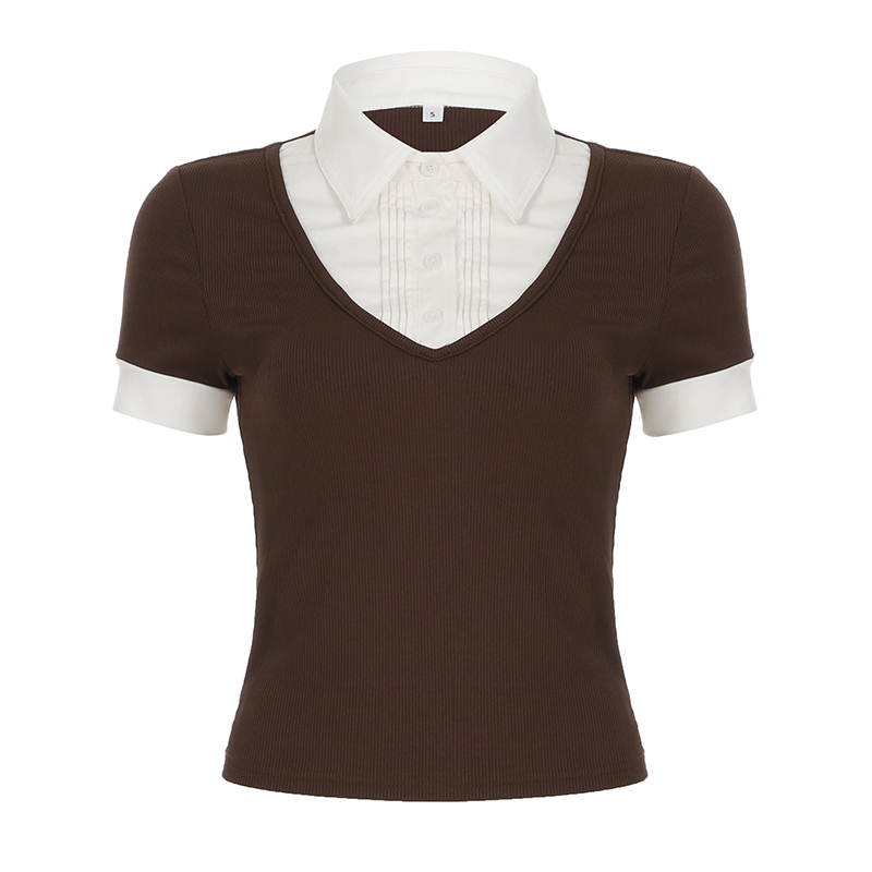 Minimalist Casual Color-Blocking Faux Two-Piece Polo Collar Top for Women - Ribbed Knitted Slim-Fit Short Top, Y2K Style