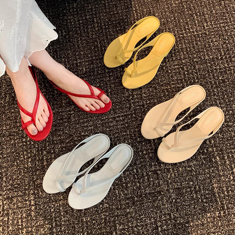 Minimalist Genuine Leather Thin Strap Flip-Flops for Women - Summer Beach Open-Toe Chunky Heel Wedge Sandals in French Style