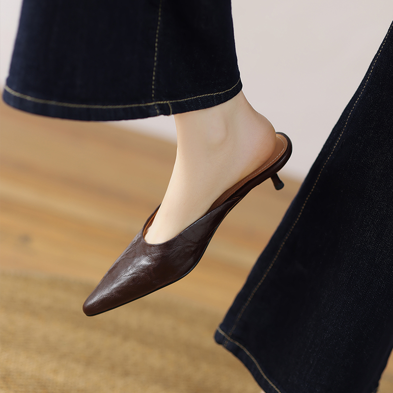 Minimalist High-Quality Sheepskin Pointed Toe Stiletto Mules - Women's Open-Toe Half Slippers for Chic Style Minimalist High-Quality Sheepskin Pointed Toe Stiletto Mules - Women's Open-Toe Half Slippers for Chic Style