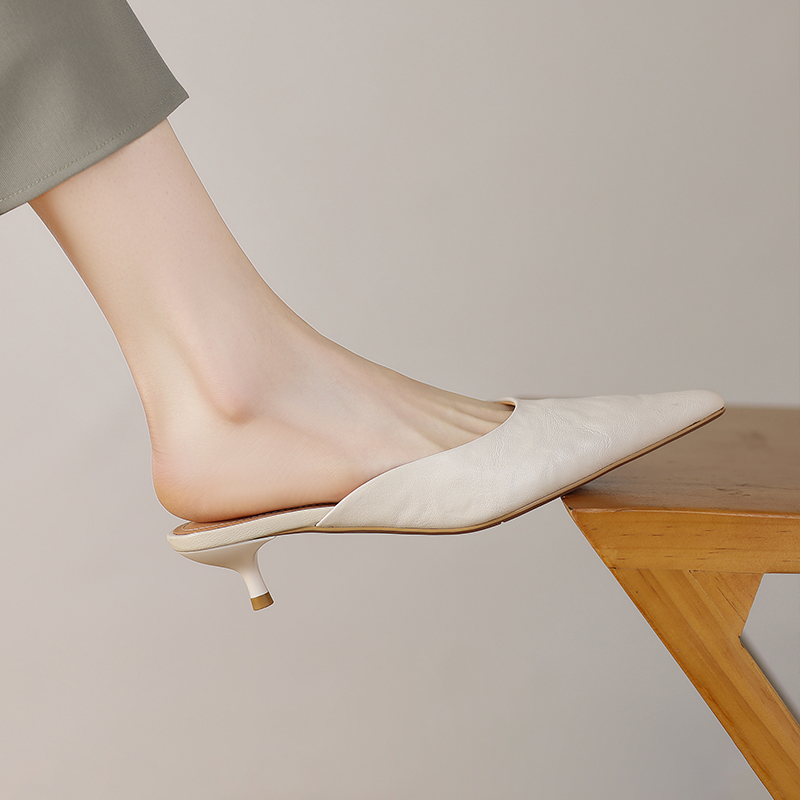 Minimalist High-Quality Sheepskin Pointed Toe Stiletto Mules - Women's Open-Toe Half Slippers for Chic Style Minimalist High-Quality Sheepskin Pointed Toe Stiletto Mules - Women's Open-Toe Half Slippers for Chic Style