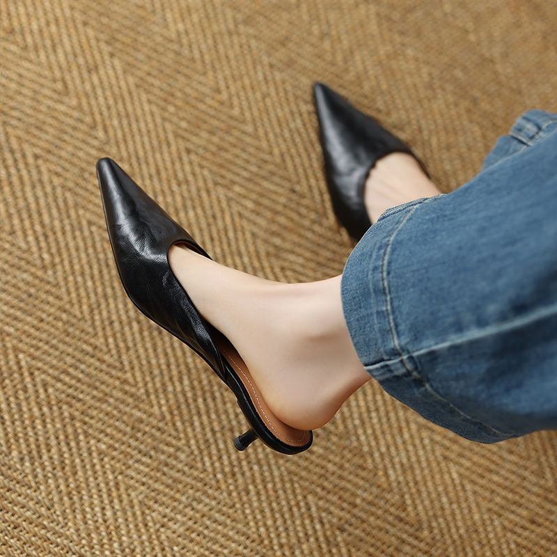 Minimalist High-Quality Sheepskin Pointed Toe Stiletto Mules - Women's Open-Toe Half Slippers for Chic Style