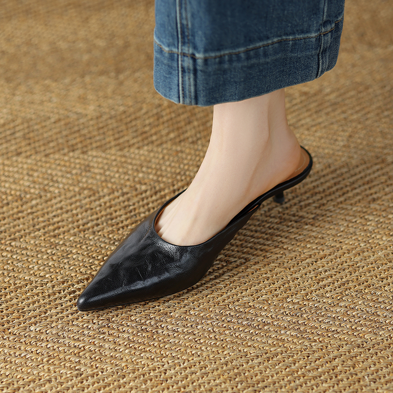 Minimalist High-Quality Sheepskin Pointed Toe Stiletto Mules - Women's Open-Toe Half Slippers for Chic Style Minimalist High-Quality Sheepskin Pointed Toe Stiletto Mules - Women's Open-Toe Half Slippers for Chic Style