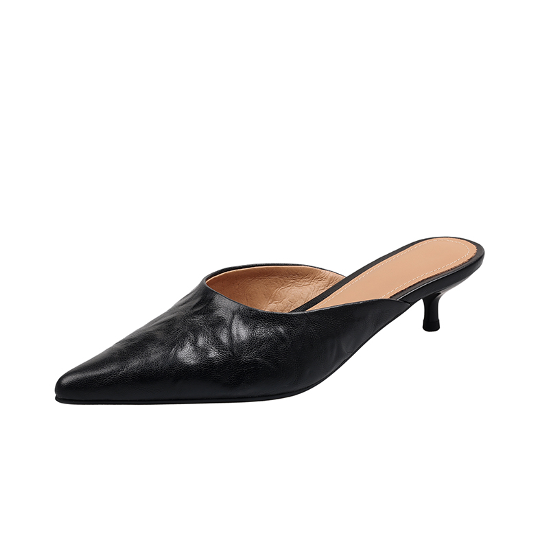 Minimalist High-Quality Sheepskin Pointed Toe Stiletto Mules - Women's Open-Toe Half Slippers for Chic Style