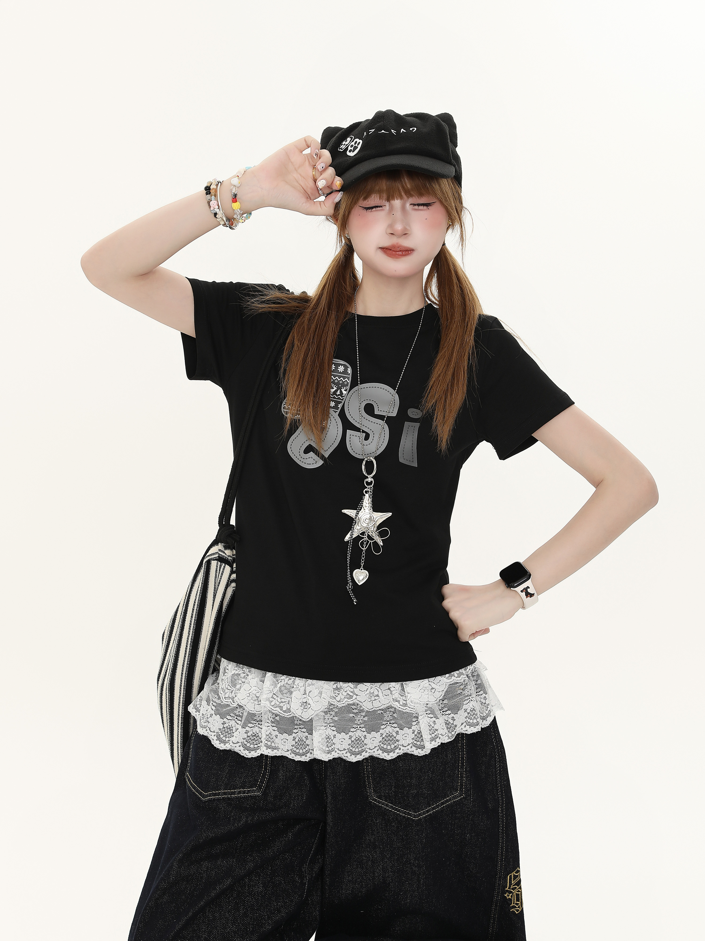 Minimalist Letter Print Short-Sleeve T-Shirt for Women - Slim Fit Summer Top, Versatile American Style, Trendy Fashion Essential Minimalist Letter Print Short-Sleeve T-Shirt for Women - Slim Fit Summer Top, Versatile American Style, Trendy Fashion Essential