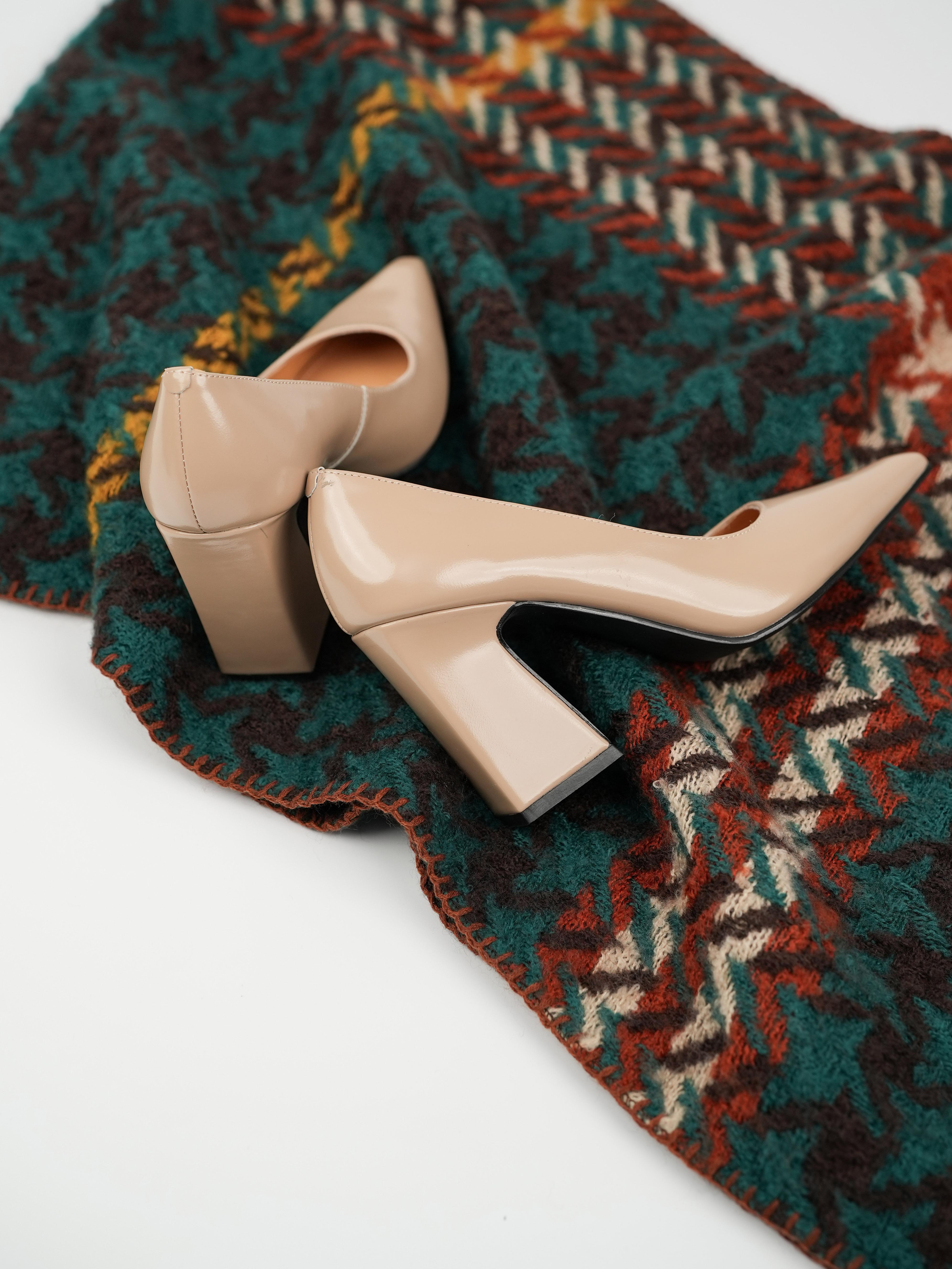 Minimalist Pointed Toe High Heels for Women - Chunky Heel Nude Genuine Leather Slip-On Shoes for Commuting - Elegant Footwear Minimalist Pointed Toe High Heels for Women - Chunky Heel Nude Genuine Leather Slip-On Shoes for Commuting - Elegant Footwear