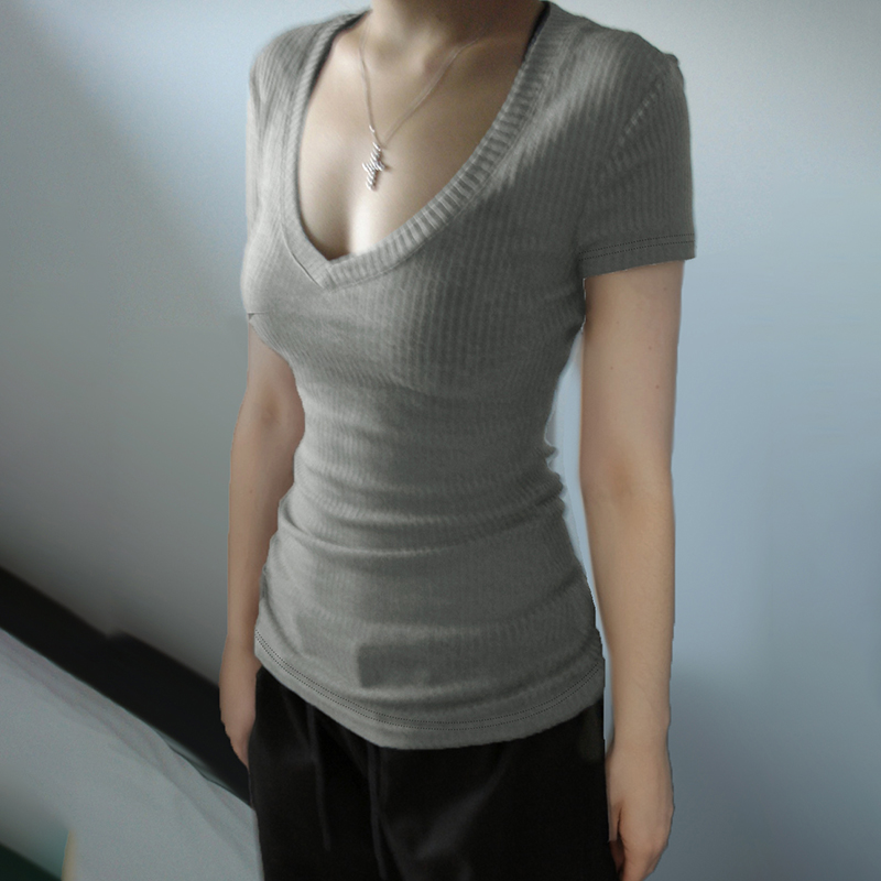 Minimalist Retro Gray V-Neck Short Sleeve Knitted T-Shirt - Versatile Slim Lightweight Sheer Base Top for Summer Fashion Minimalist Retro Gray V-Neck Short Sleeve Knitted T-Shirt - Versatile Slim Lightweight Sheer Base Top for Summer Fashion