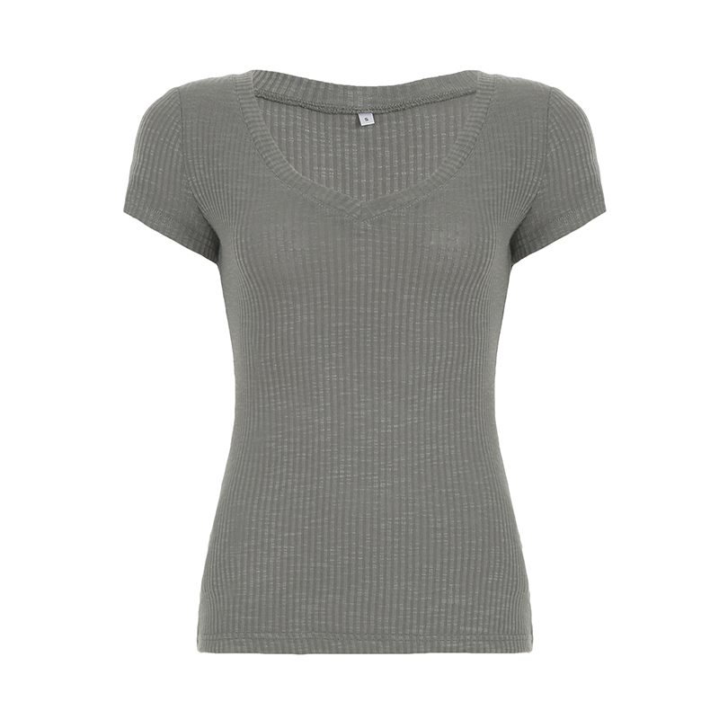 Minimalist Retro Gray V-Neck Short Sleeve Knitted T-Shirt - Versatile Slim Lightweight Sheer Base Top for Summer Fashion