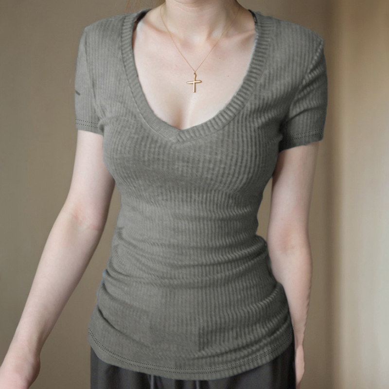 Minimalist Retro Gray V-Neck Short Sleeve Knitted T-Shirt - Versatile Slim Lightweight Sheer Base Top for Summer Fashion Minimalist Retro Gray V-Neck Short Sleeve Knitted T-Shirt - Versatile Slim Lightweight Sheer Base Top for Summer Fashion