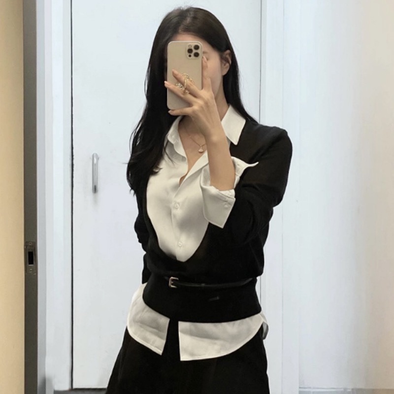 Minimalist Slim-Fit Long Sleeve Shirt for Women - Elegant Sexy Commuting Style, Korean Dongdaemun Design Minimalist Slim-Fit Long Sleeve Shirt for Women - Elegant Sexy Commuting Style, Korean Dongdaemun Design