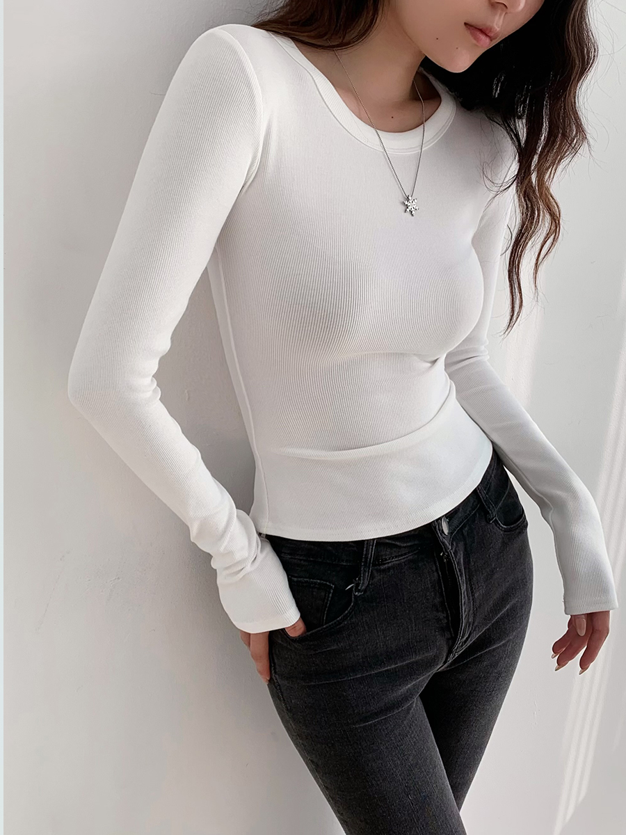 Minimalist Solid Color Long Sleeve T-Shirt for Women - Stretch Slim Fit Round Neck Top - European and American Style Minimalist Solid Color Long Sleeve T-Shirt for Women - Stretch Slim Fit Round Neck Top - European and American Style