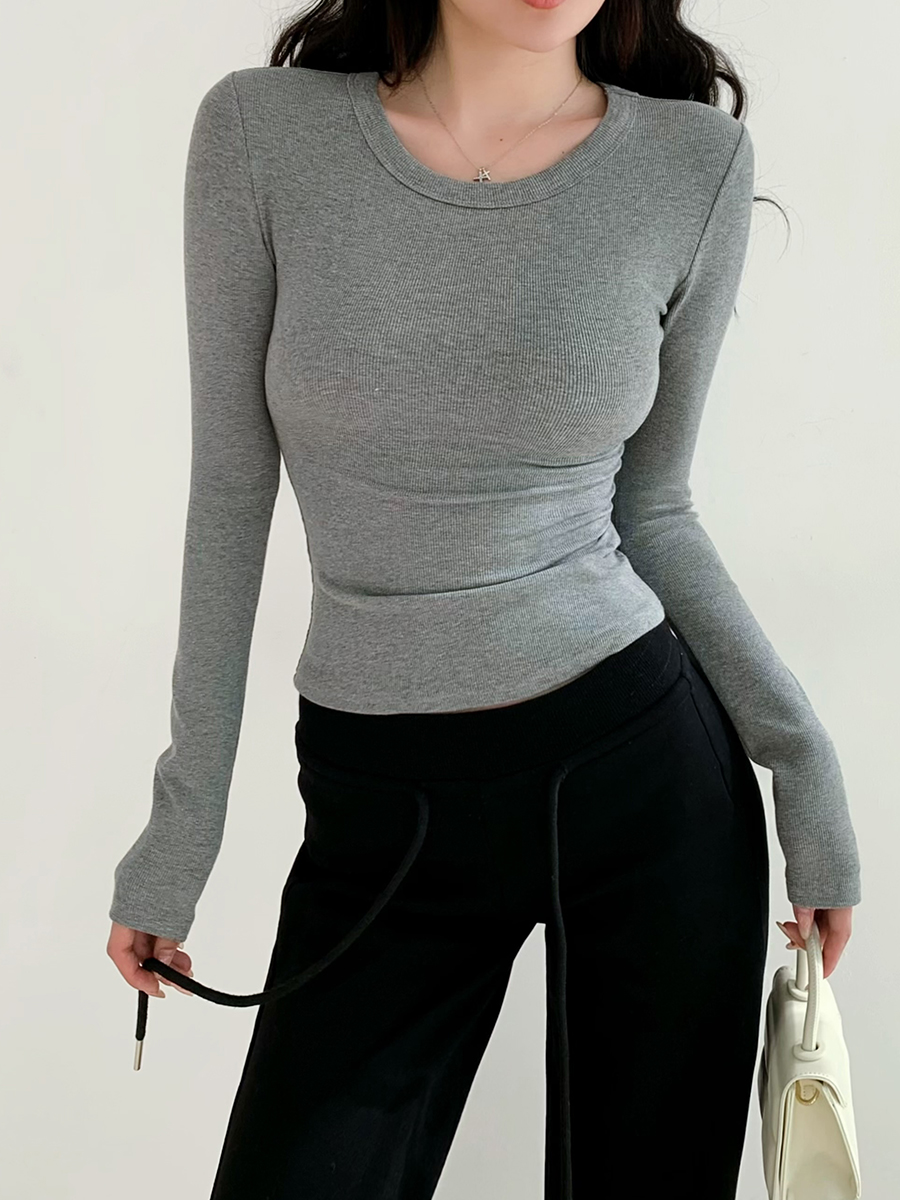 Minimalist Solid Color Long Sleeve T-Shirt for Women - Stretch Slim Fit Round Neck Top - European and American Style Minimalist Solid Color Long Sleeve T-Shirt for Women - Stretch Slim Fit Round Neck Top - European and American Style
