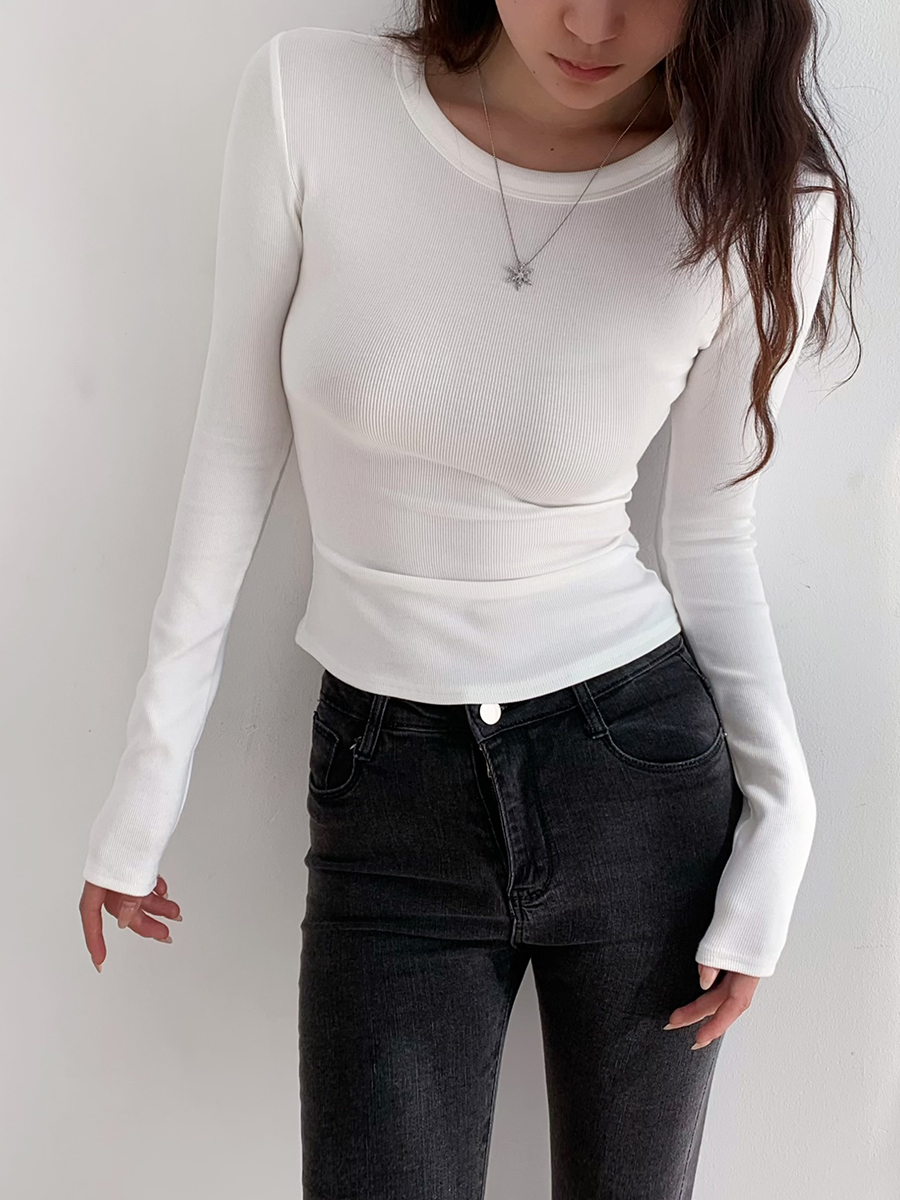 Minimalist Solid Color Long Sleeve T-Shirt for Women - Stretch Slim Fit Round Neck Top - European and American Style Minimalist Solid Color Long Sleeve T-Shirt for Women - Stretch Slim Fit Round Neck Top - European and American Style