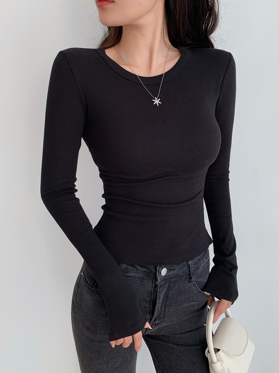 Minimalist Solid Color Long Sleeve T-Shirt for Women - Stretch Slim Fit Round Neck Top - European and American Style Minimalist Solid Color Long Sleeve T-Shirt for Women - Stretch Slim Fit Round Neck Top - European and American Style