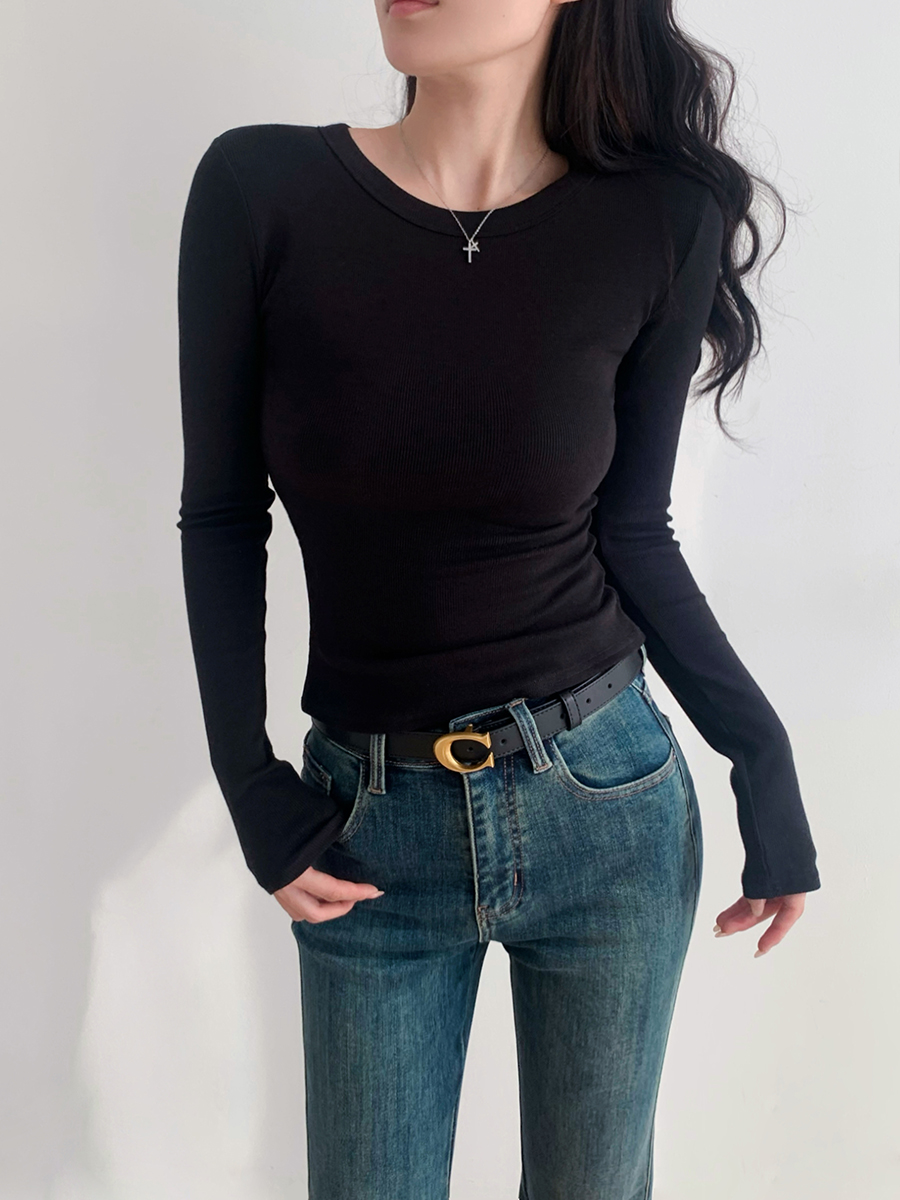 Minimalist Solid Color Long Sleeve T-Shirt for Women - Stretch Slim Fit Round Neck Top - European and American Style