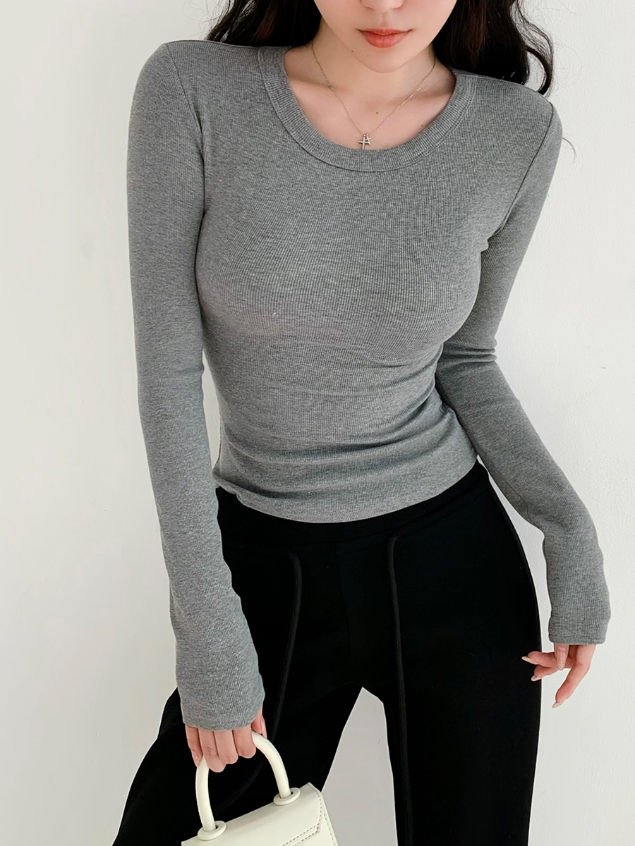 Minimalist Solid Color Long Sleeve T-Shirt for Women - Stretch Slim Fit Round Neck Top - European and American Style