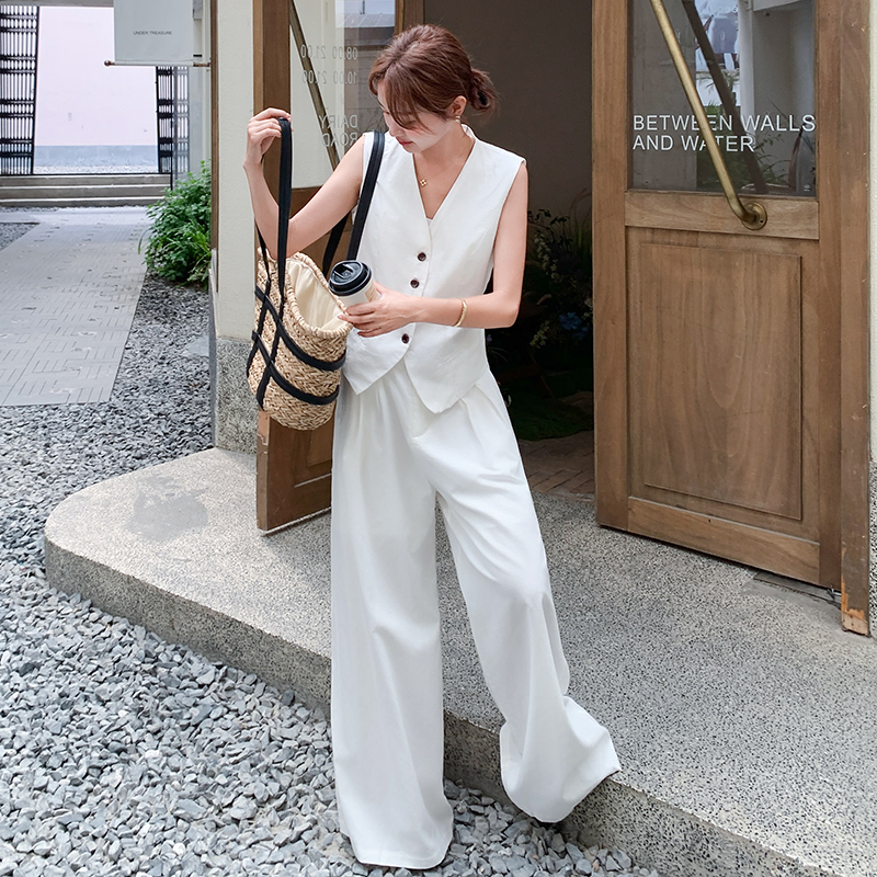 Minimalist White Suit Vest Set for Women - Elegant Long Pants Two-Piece Set in Old Money Style for Summer 2025