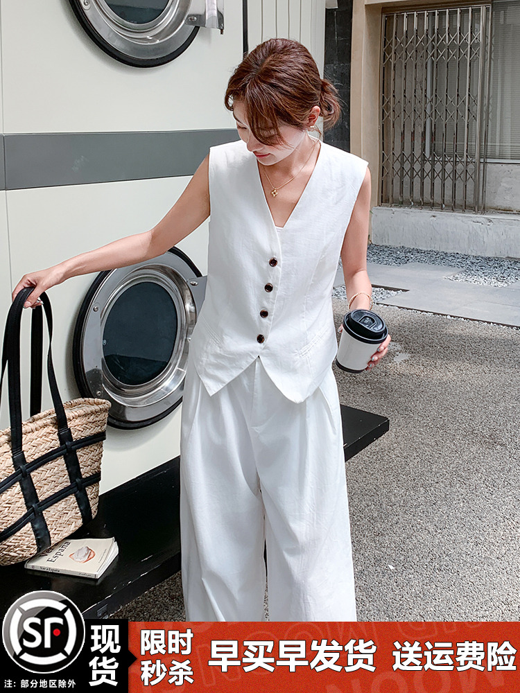 Minimalist White Suit Vest Set for Women - Elegant Long Pants Two-Piece Set in Old Money Style for Summer 2025 Minimalist White Suit Vest Set for Women - Elegant Long Pants Two-Piece Set in Old Money Style for Summer 2025