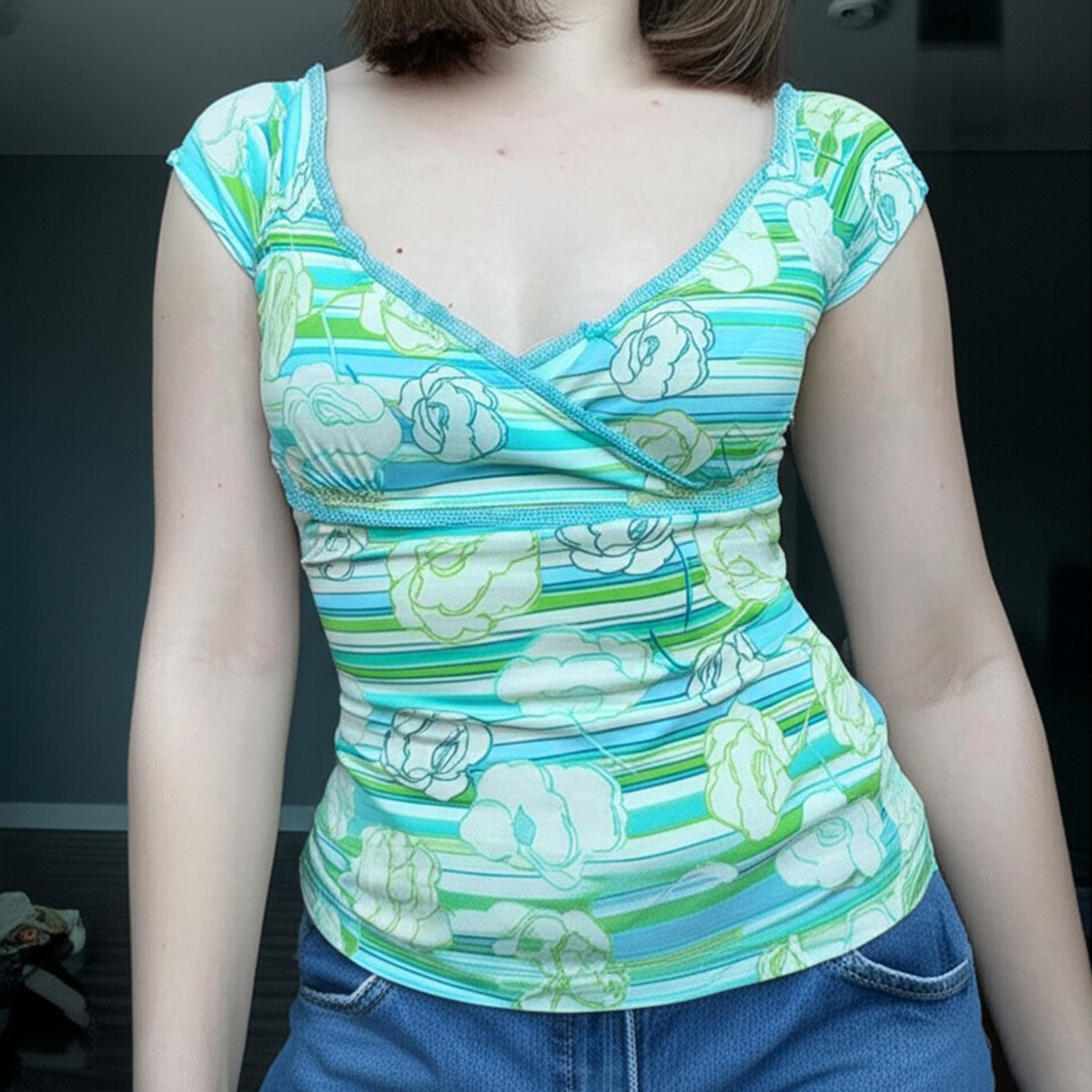 Mint Green Abstract Plant Print V-Neck Slim Fit Vintage Top - Versatile 90s Inspired Fashion Essential