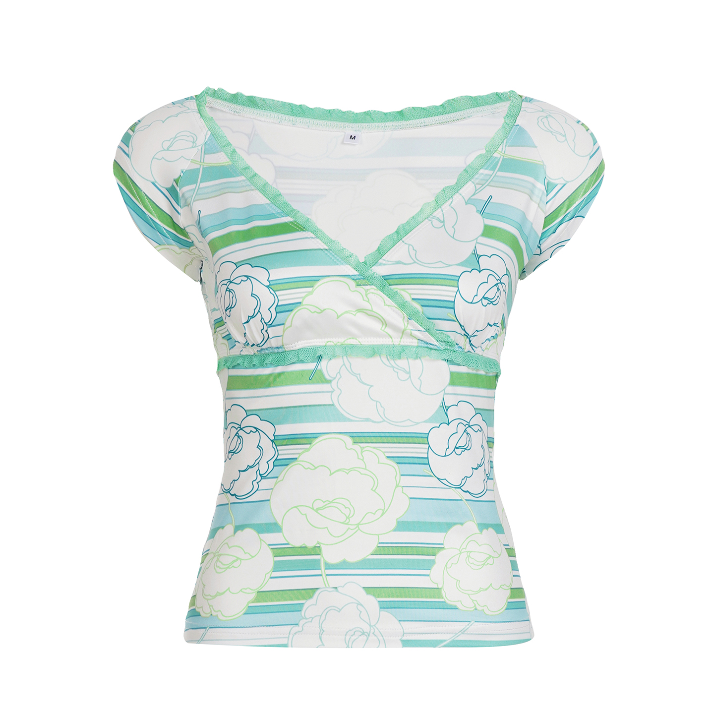 Mint Green Abstract Plant Print V-Neck Slim Fit Vintage Top - Versatile 90s Inspired Fashion Essential