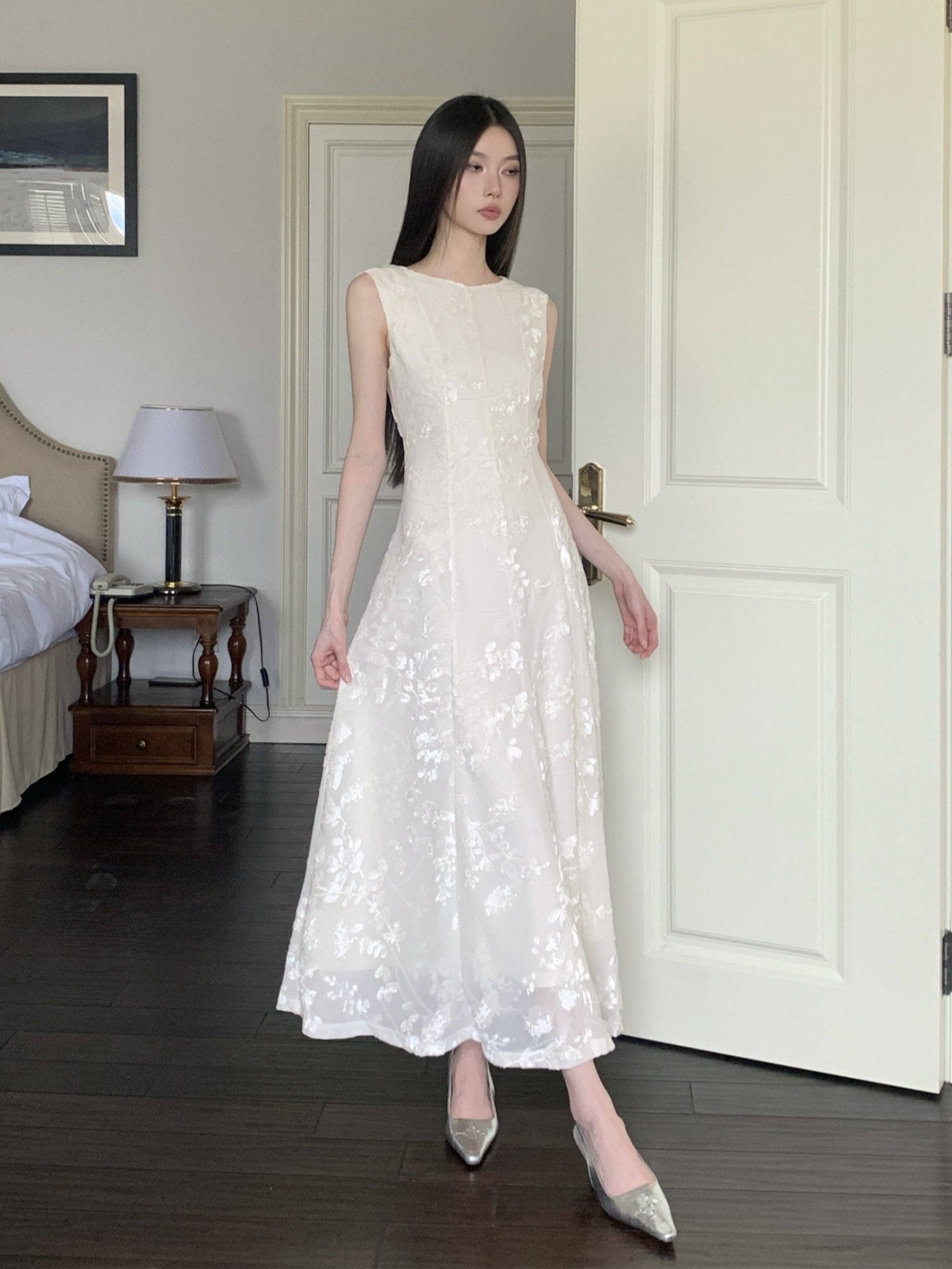 Moonlight Goddess White Sheer Vest Dress - Women's Summer Ultra-Fairy Waist-Cinched Flared Long Skirt, Boho Chic Style