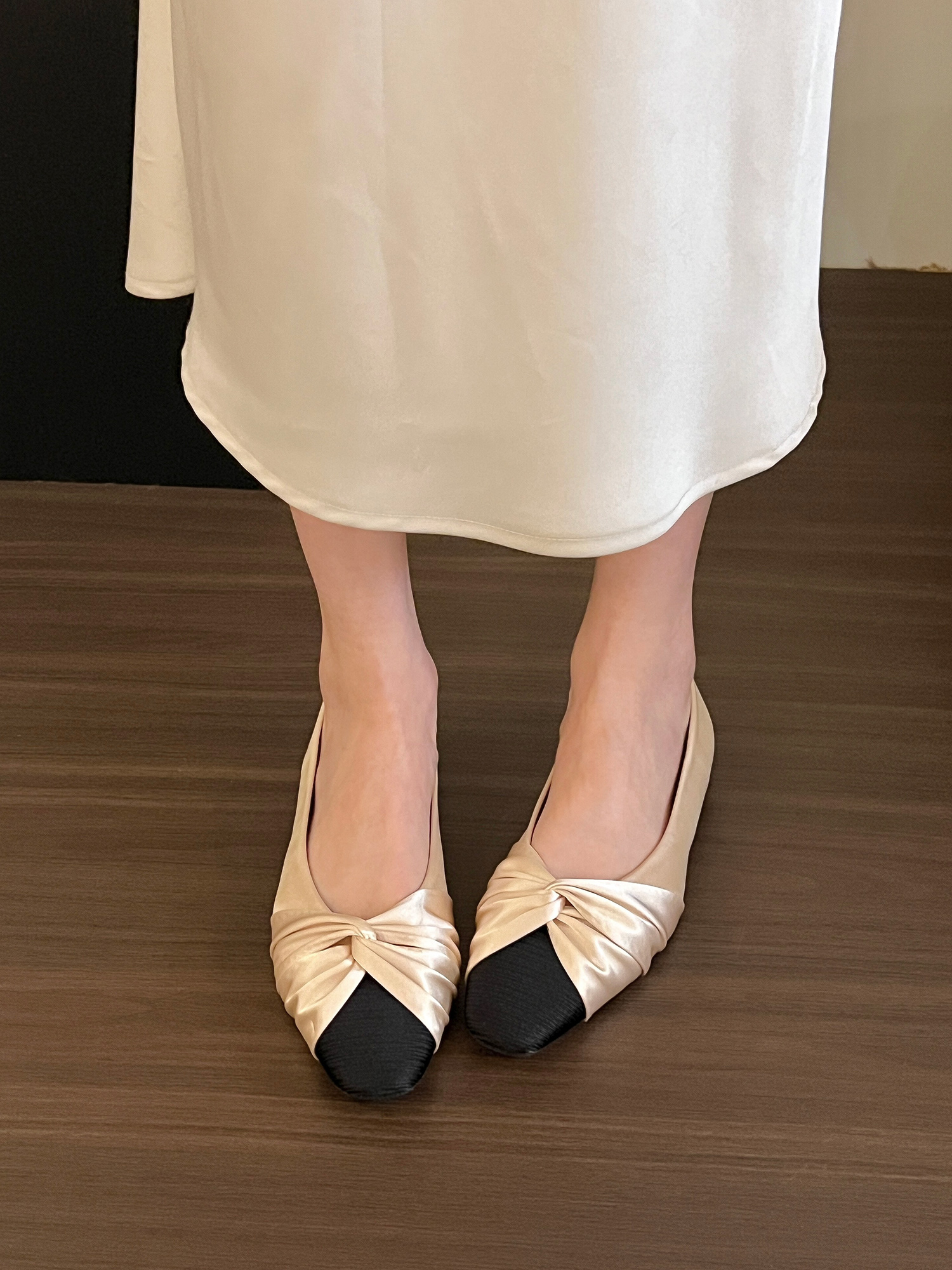 Moonlight White Satin Pleated Flat Shoes for Women - Spring 2025 Square Toe Design, Stylish and Elegant Flats