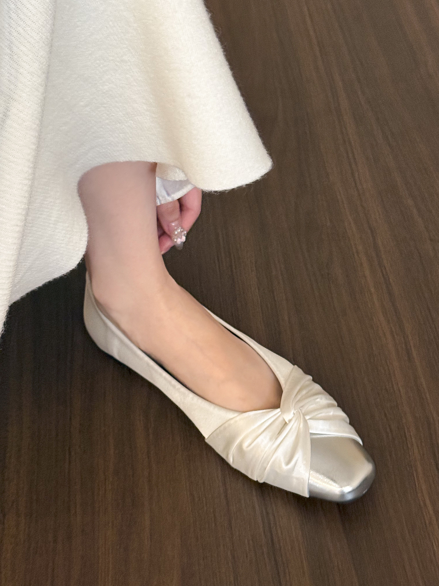 Moonlight White Satin Pleated Flat Shoes for Women - Spring 2025 Square Toe Design, Stylish and Elegant Flats