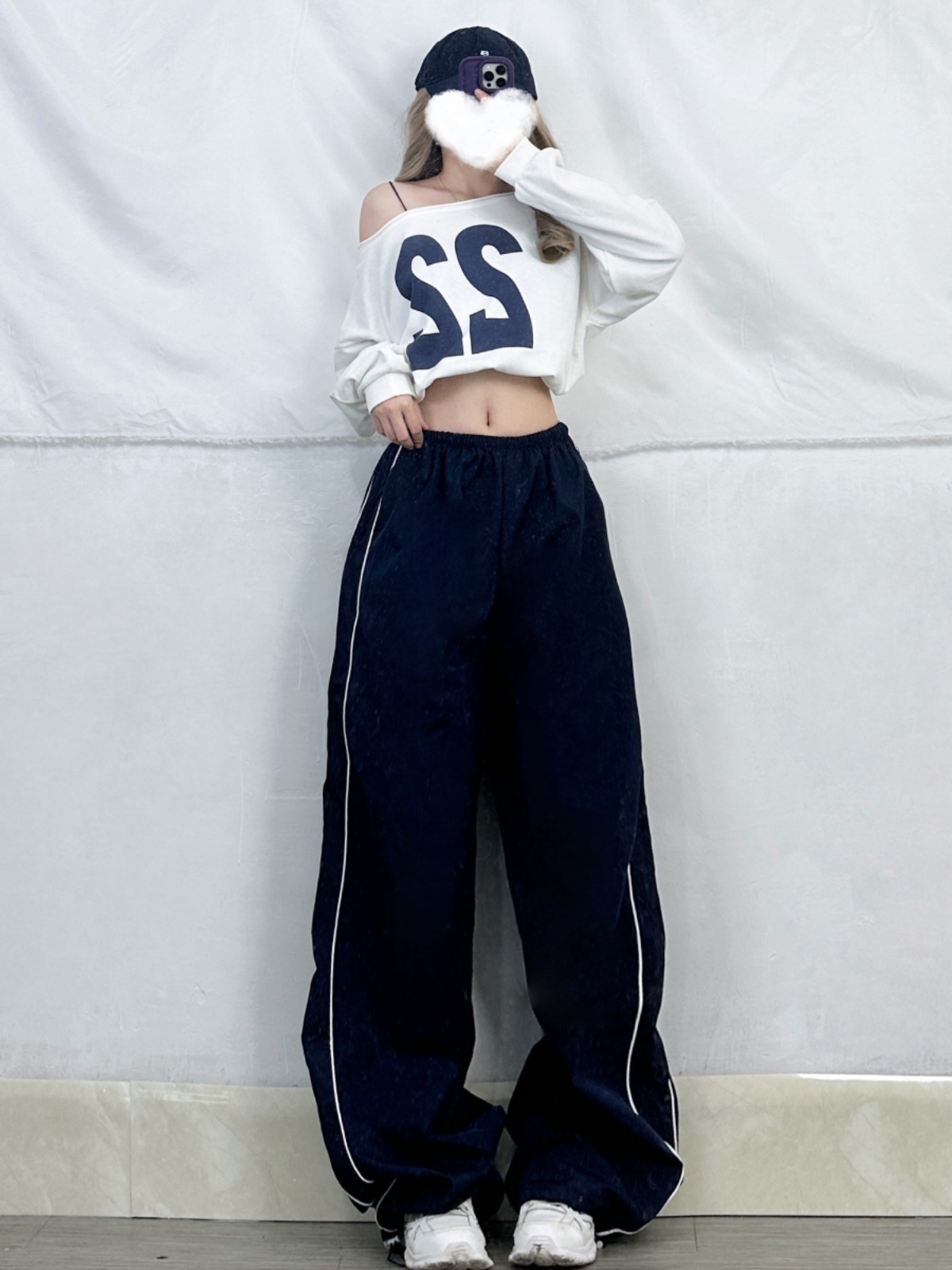 Navy Blue Asymmetrical Shoulder Long Sleeve T-Shirt with Dance Letter Print for Women - Quick-Dry Casual Jazz Dance Top